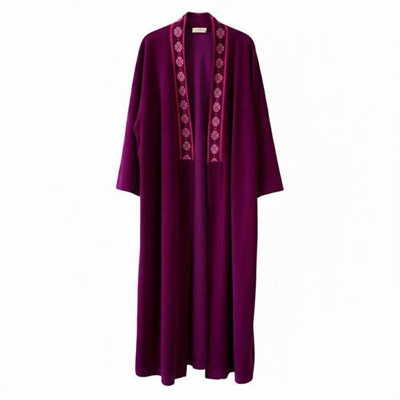 JC Penney Deep Purple Maxi Loungewear Pink Floral Embroidered Robe No Belt Sz L - Picture 2 of 5